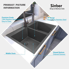 Drop in Double Bowl 304 Stainless Steel Kitchen Sink (33” x 22” x 9”(Black Sink Only))