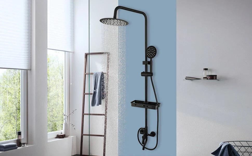 KEMAIDI Matte Black Rainfall Shower Faucet Set Single Lever Bathtub Shower Mixer Faucet & Storage Shelf  Shower Mixer Water Tap