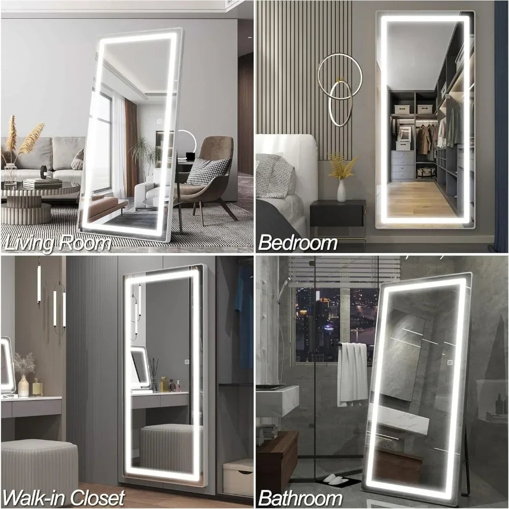 Full Length Mirrors with Lights, LED Full Body Mirror, Free Standing Lighted Floor Mirrors, Wall Mounted Hanging Mirror