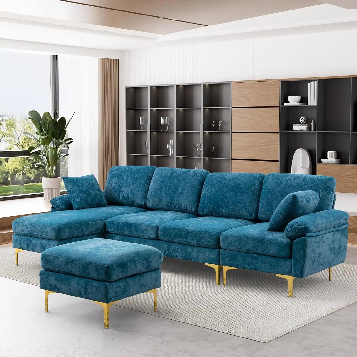 U-Shaped Sectional Sofa Couch, 4 Seat Sofa Set for Living Room, Convertible L-Shaped Velvet Couch Set with Chaise Lounge