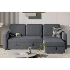 L-Shaped Sectional Sofa Bed w/Chaise & USB Reversible Storage Sleeper Convertible Trundle Hidden Compartment Fabric Couch