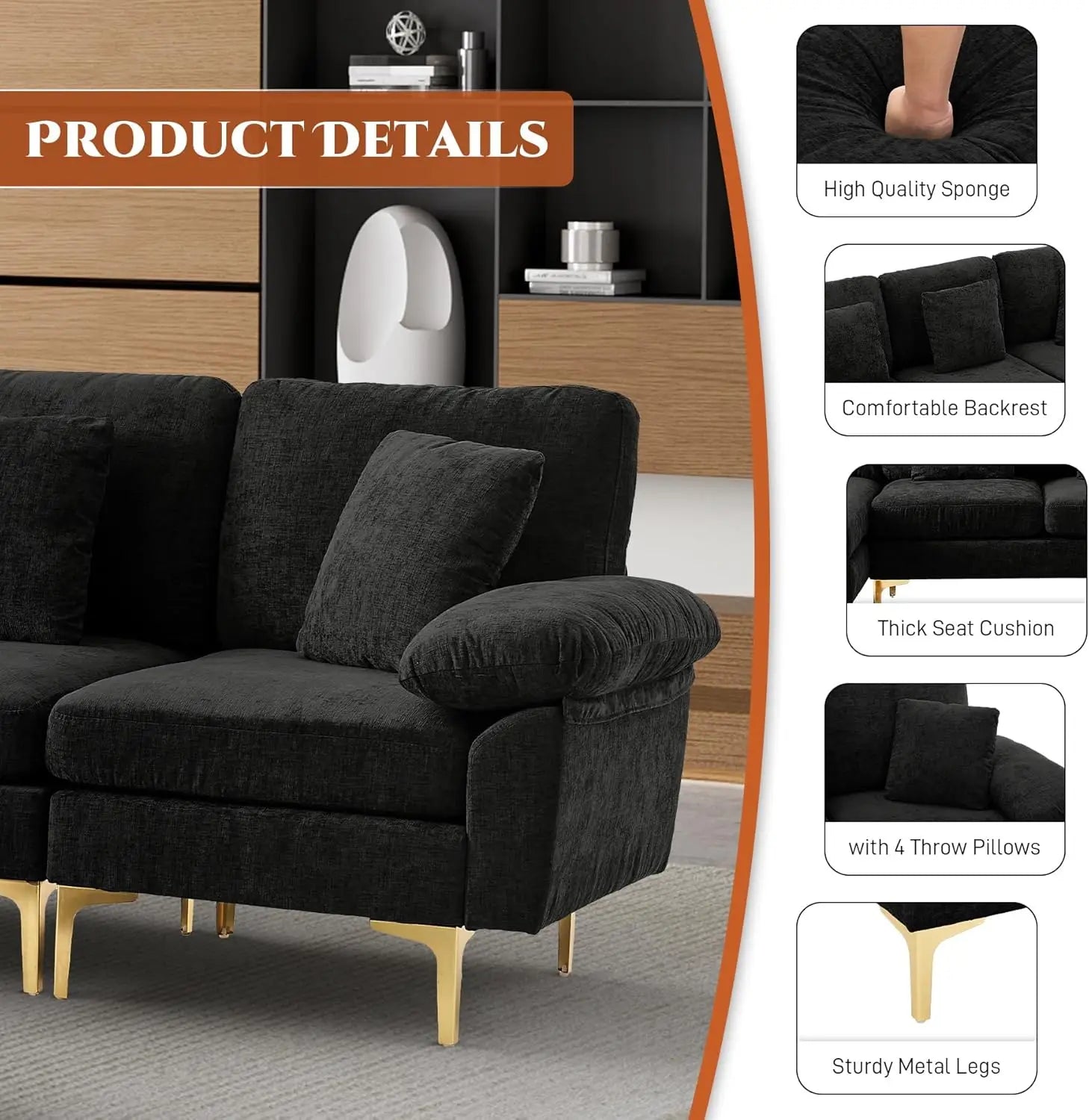 U-Shaped Sectional Sofa Couch, 4 Seat Sofa Set for Living Room, Convertible L-Shaped Velvet Couch Set with Chaise Lounge