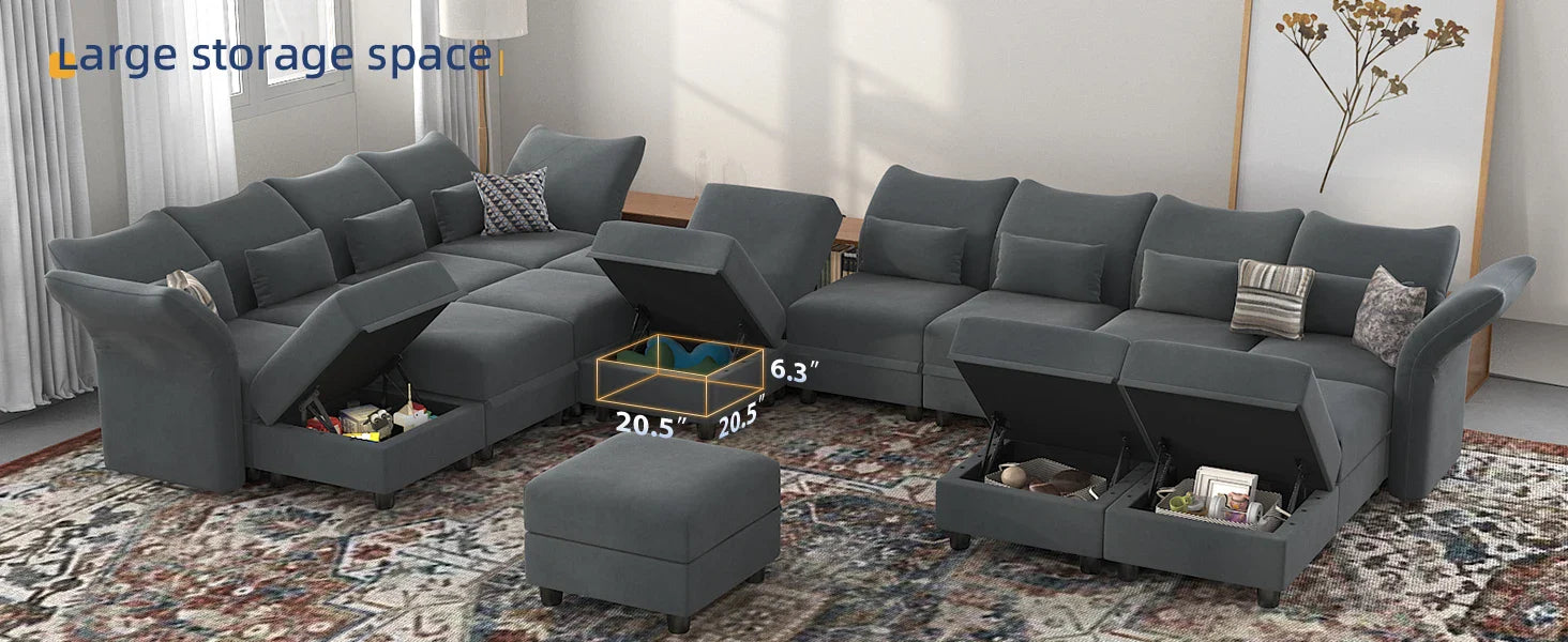 Velvet Modular Sectional Sofa,127.8" 6-Seater U Shaped Reversible Sectional Couch with Storage Chaise,High Back  Modular Grey