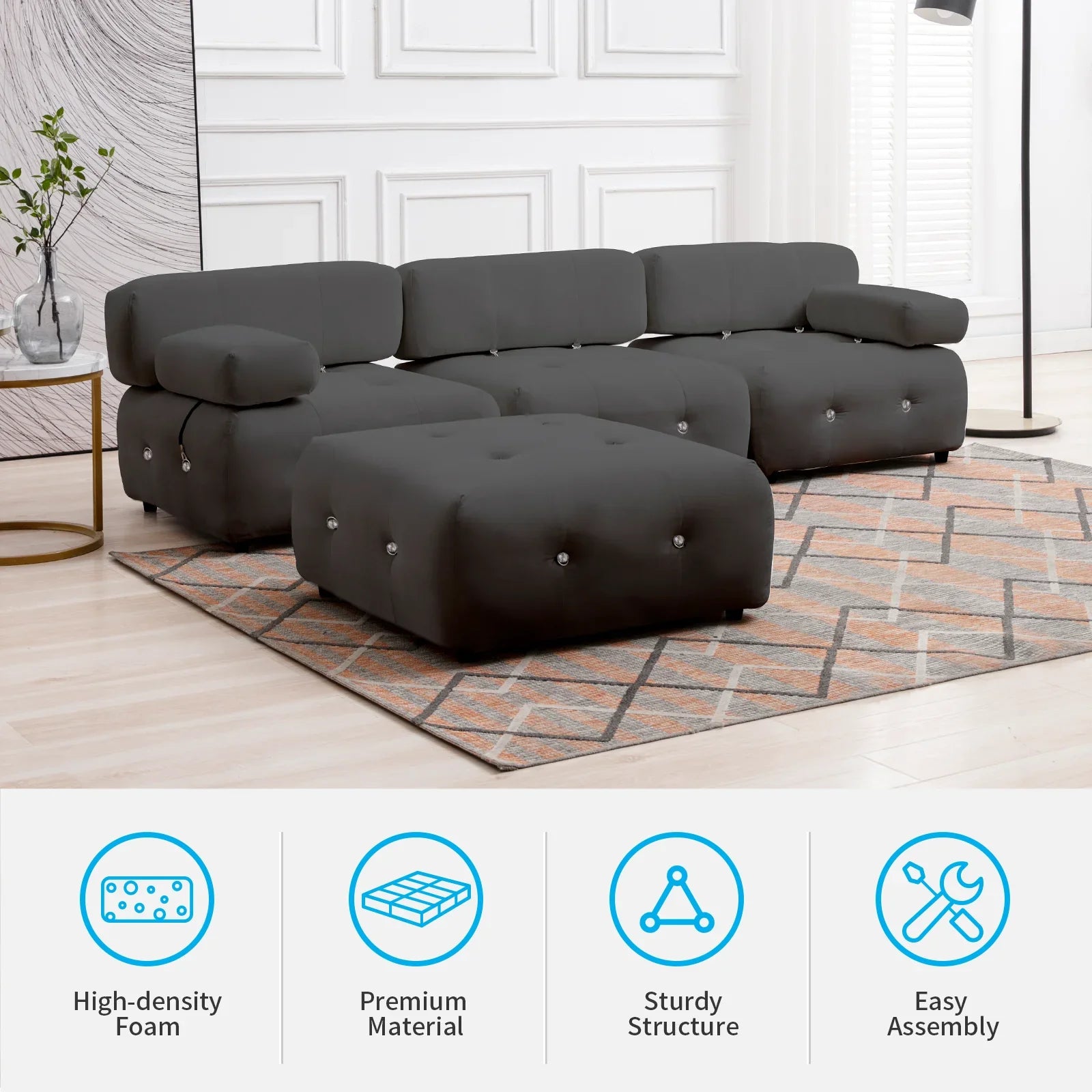 HORGAEO Modular Sectional Sofa with Reversible Chaise, Velvet L Shaped Cloud Couch with Reversible Ottoman