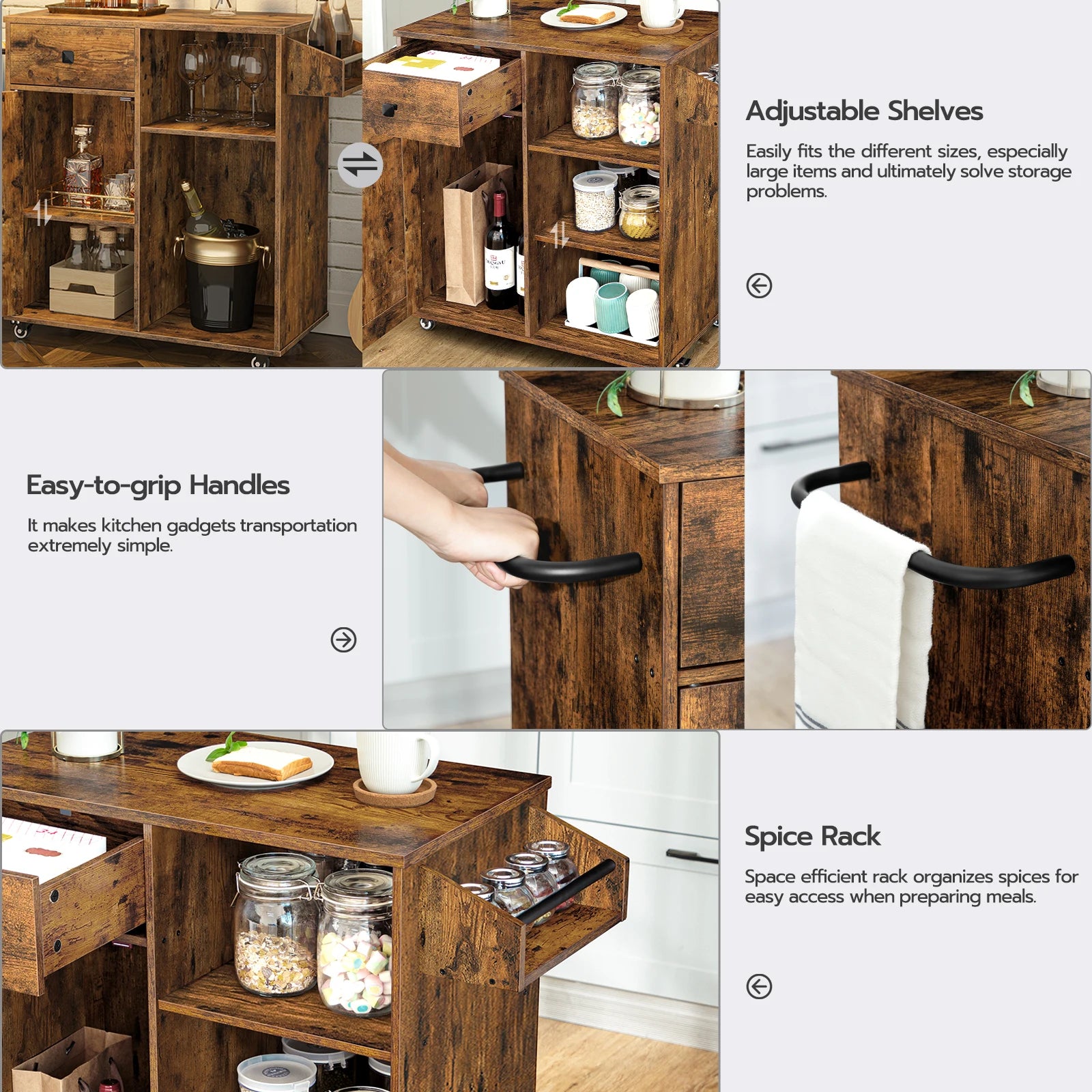 Kitchen Island Storage Cabinet with Drawer Stroller Kitchen Cart with Spice and Towel Rack Saving Space, Easy Assembly,