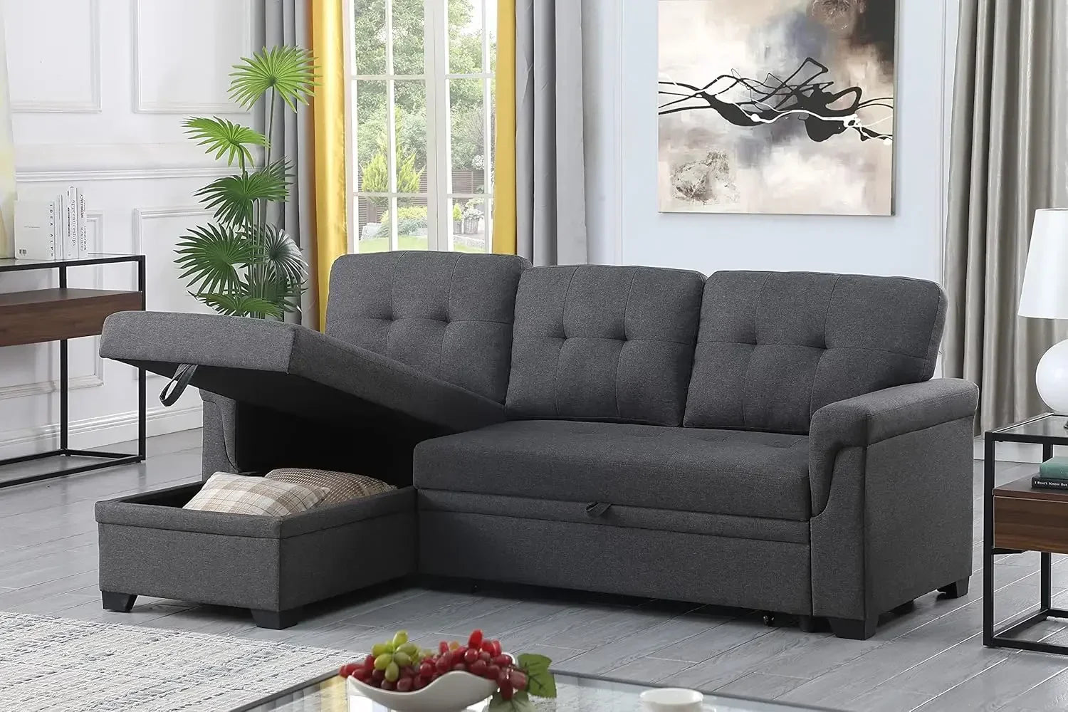 Lucca 84" W Dark Gray Linen Reversible Sleeper Sectional Sofa with Storage Chaise