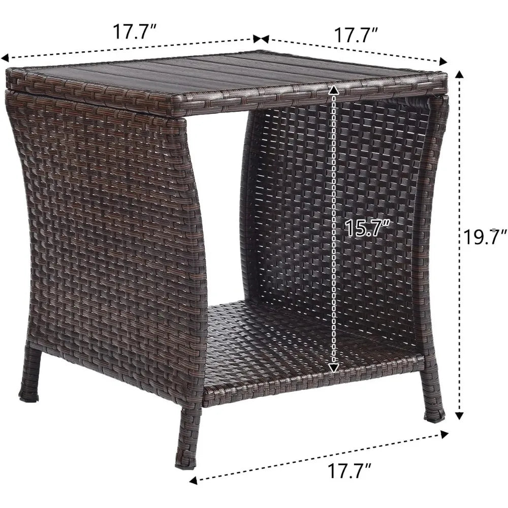 Outdoor Patio Side Table Set of 2 Small Brown Wicker Rattan End Table for Outside Storage Coffee Table with Poly LumberTableTop