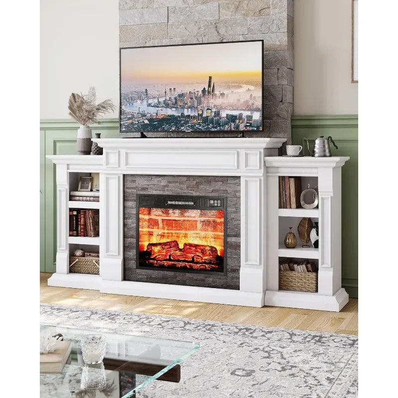 70" Electric Fireplace with Mantel, Fireplace TV Stand for TVs Up to 80 Inch, Farmhouse Entertainment Center with Storage