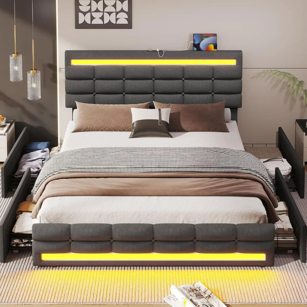 Queen Bed Frame with LED Lights Leather Platform Bed with Storage Drawers and Charging Station,with Adjustable Headboard,Black