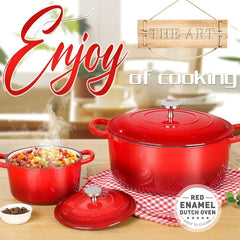 Enameled Cast Iron Dutch Oven Set with Lids, 2pcs Cast Iron Pot, 6QT & 1.5QT Enamel Cookware Pot, Red