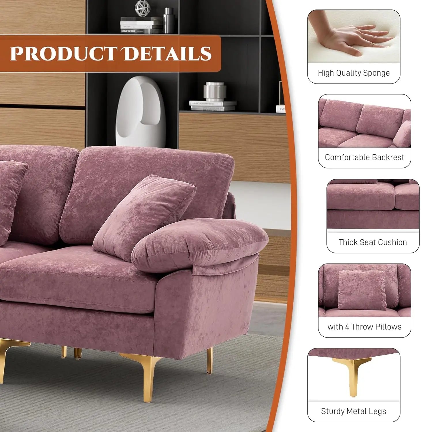 U-Shaped Sectional Sofa Couch, 4 Seat Sofa Set for Living Room, Convertible L-Shaped Velvet Couch Set with Chaise Lounge