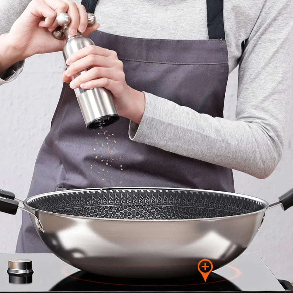 Stainless Steel Non Stick Double Sided Screen Honeycomb Wok Frying Pan Kitchen Chinese Cast Cooking Fry Pan 34cm