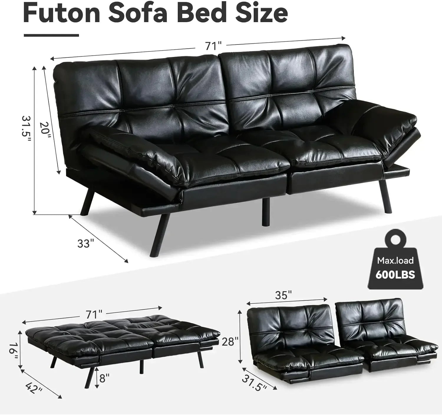 Hcore Faux Leather Futon Sofa Bed Couch,Convertible Memory Foam Futon Couch Bed,Loveseat Sleeper Sofa Bed,Small Splitback Modern