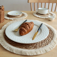 25/38cm Round Placemats Natural Wicker Woven Tassels Placemat Plate Water Straw Braided Tablemats Rattan Weave Dining Table Mat