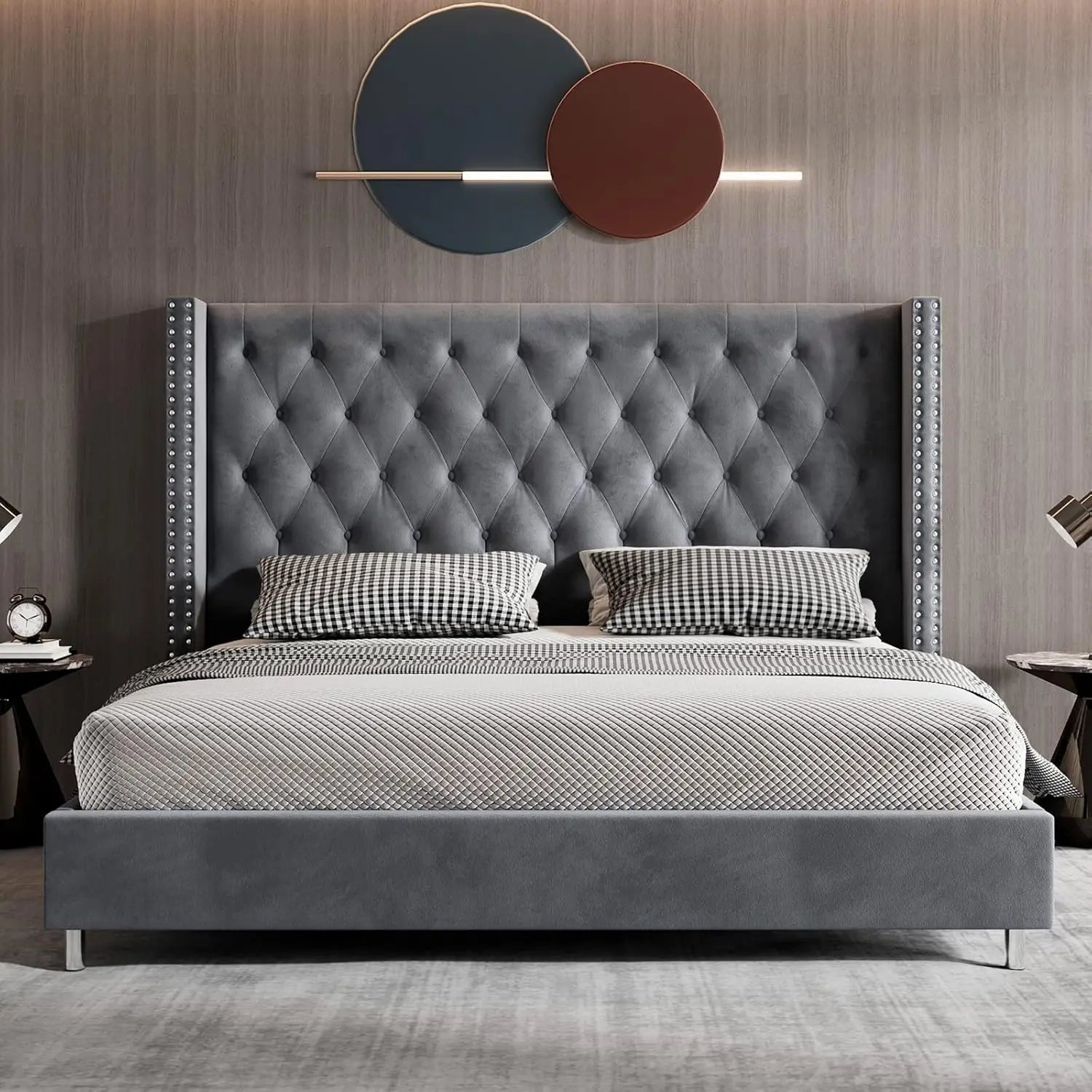 NEW Queen Bed Frame Upholstered Bed Wingback Headboard Velvet Tufted Diamond Button/No Box Spring Needed/Easy Assembly/Gray