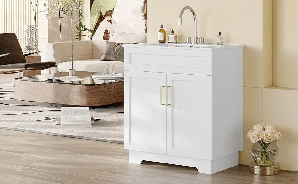 Bathroom Vanity with Ceramic Sink, 30" Freestanding Bathroom Cabinet Vanity with Storage, Quick Assembly Bathroom Vanity