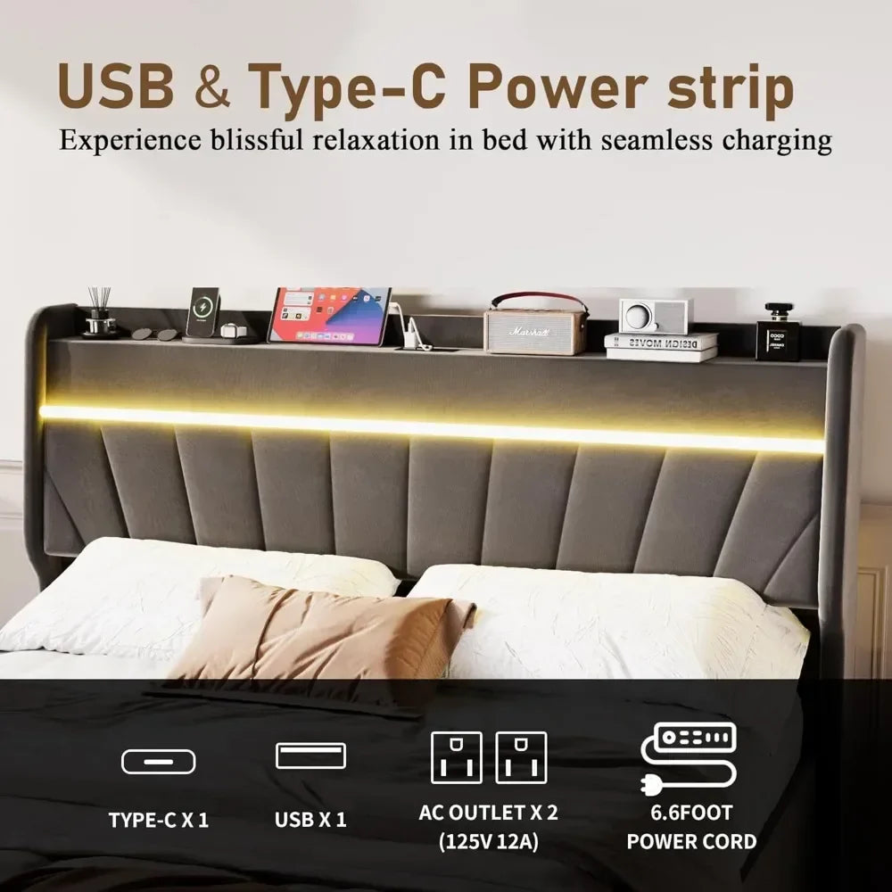 Queen Bed Frame with Headboard, Bed Frame with Type C & USB Charging Port,  Lift Up Storage Bed Frame with Led Lights