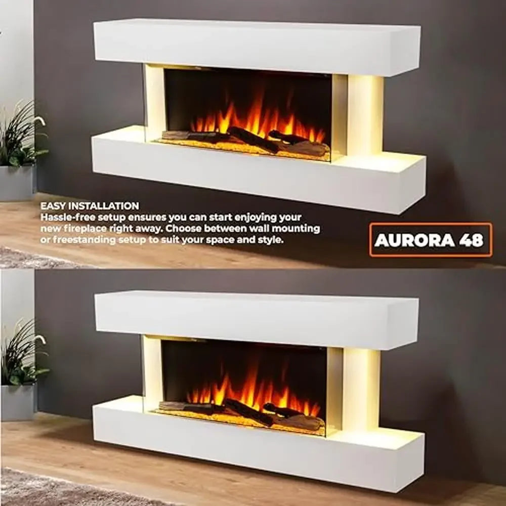 48” Electric Fireplace with White Mantel Surround Realistic Flame Driftwood and Crystals Dual Heating Modes Remote Control Timer