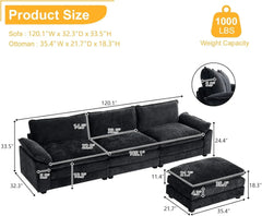 120" Convertible Sectional Sofa L-Shape Deep Seat Sofa Couch for Living Room Modern Chenille 3-Seat Sofa with Ottoman