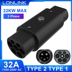 LONLINK TYPE 2 TO TYPE 1 EV Charger Adapter 3 Phase 32A 22KW converterStandard Electric vehicle charging EvConnector For Ev Car