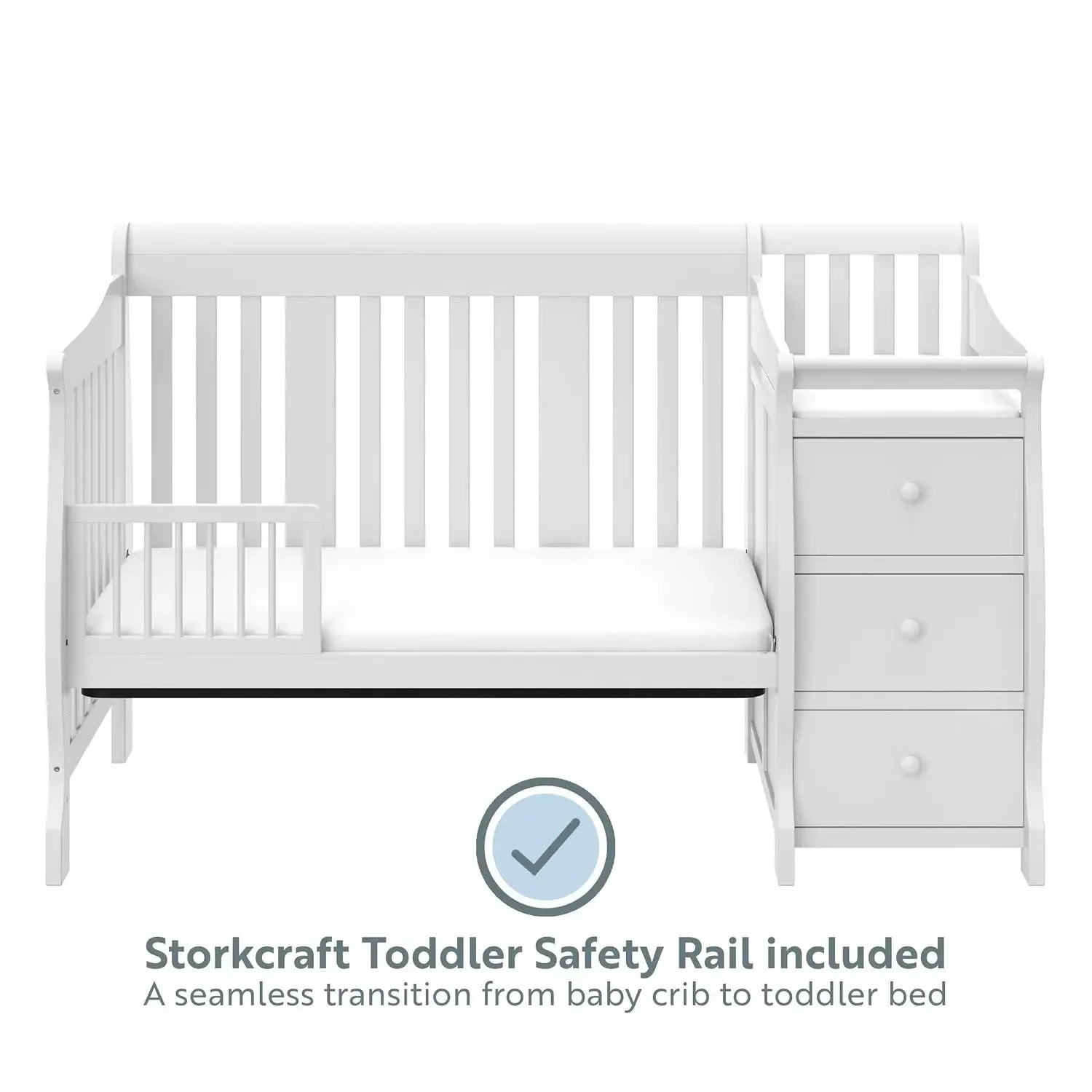 Storkcraft Portofino 5-in-1 Convertible Crib and Changer (White) – Changing-Table Combo with Drawer, Converts to Toddler Bed,