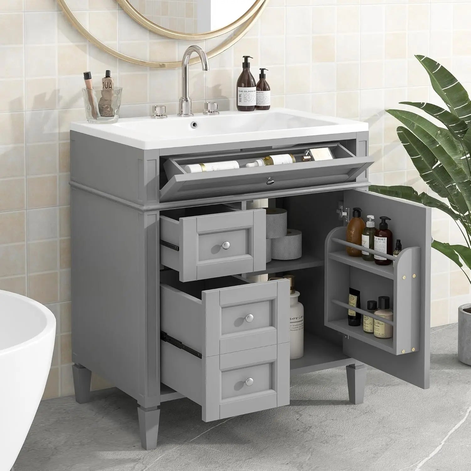 bathroom organizers, Bathroom Vanity with Sink, Modern Bathroom Cabinet with Drawers and Tip Out Drawer, Freestanding Bathroom V