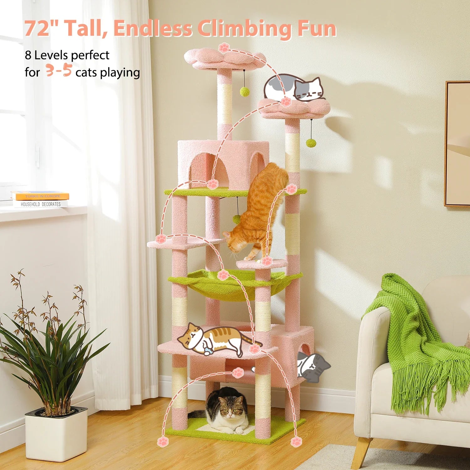 H184CM Large Cat Tower with Sisal Scratching Posts Spacious Condo Perch Stable for Kitten Multi-Level Tower Indoor Cozy Hummocks