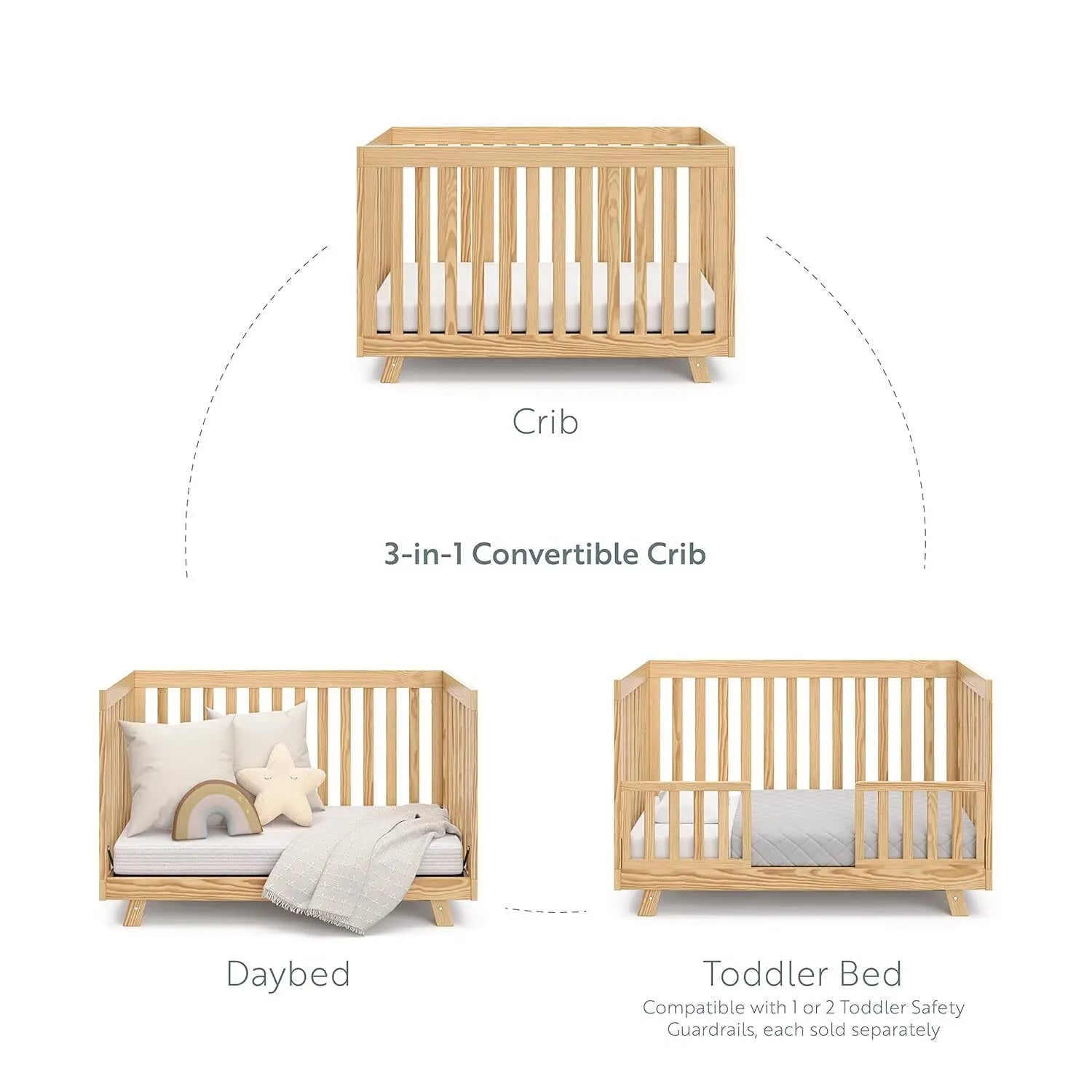 3-in-1 Convertible Crib (Natural) – Converts from Baby Crib to Toddler Bed and Daybed, Fits Standard Full-Siz