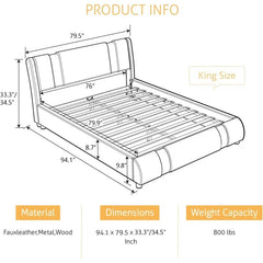 Faux Leather King Bed Frame with Adjustable Headboard and Iron Accents, Upholstered Platform Bed with Solid Wooden Slats Support