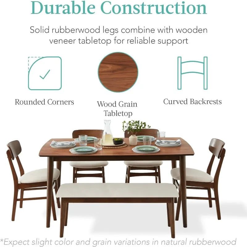 6-Piece Dining Set, Mid-Century Modern Wooden Table & Upholstered Chair Set, w/ 4 Chairs, Bench Seat, Rubberwood Legs