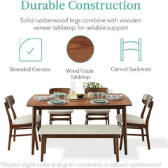 6-Piece Dining Set, Mid-Century Modern Wooden Table & Upholstered Chair Set, w/ 4 Chairs, Bench Seat, Rubberwood Legs