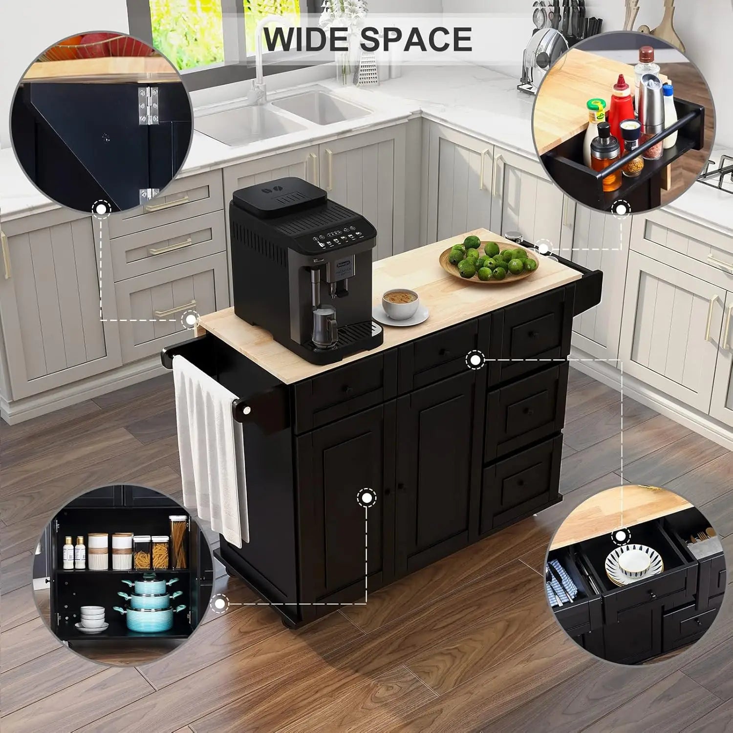 Kitchen Cart, Kitchen Carts with Cabinet , Wood Counter top Mobile Storage Islands with Drawer and Two Doors,Kitchens Island