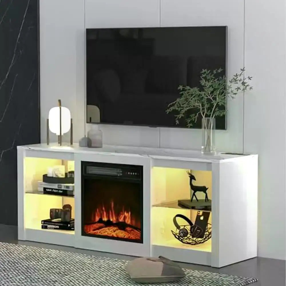 58" TV Stand Electric Fireplace Entertainment Center Glass Shelves USB Ports Adjustable Living Room Console Wood Matte Marble