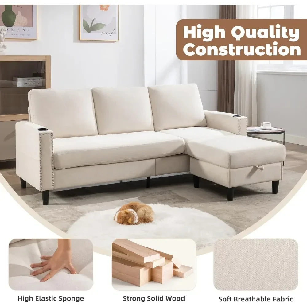 Convertible Sectional Couches for Living Room, L-Shaped Couch 3 Seats Sofas with Storage Chaise & 2 Cup Holders