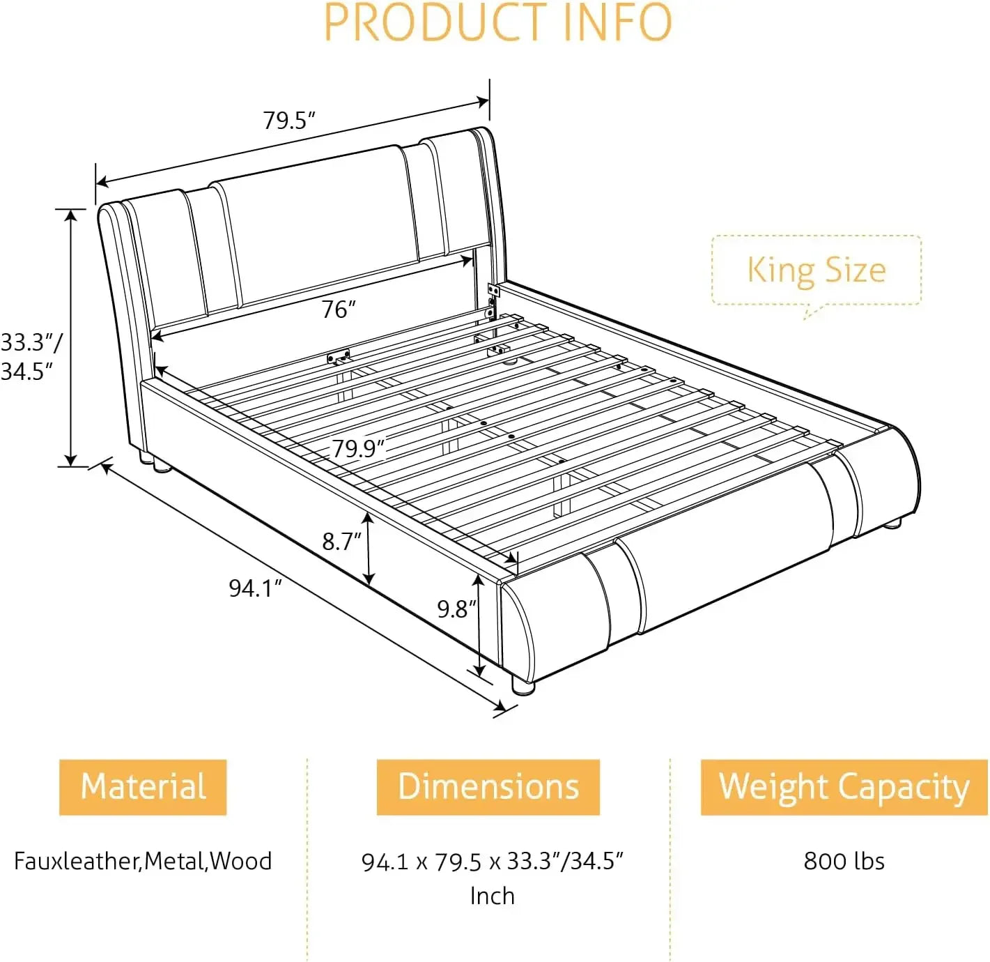 Faux Leather King Bed Frame with Adjustable Headboard and Iron Accents, Upholstered Platform Bed with Solid Wooden Slats Support