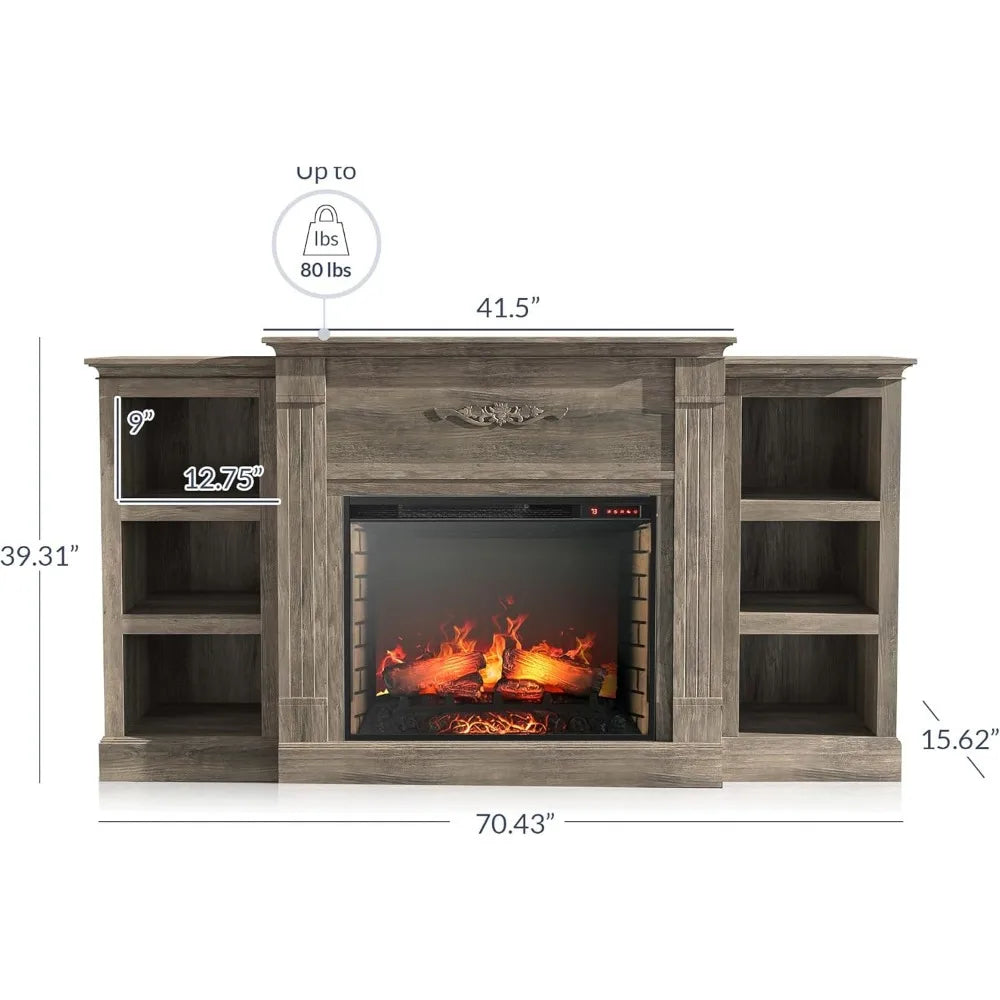 70" Electric Fireplace Heater Mantel TV Stand & Media Entertainment Center TVs up to 68" with Energy-Efficient Heater Sound