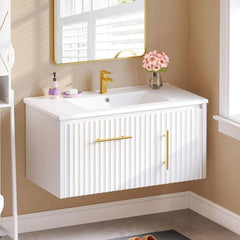 36" Wide Bathroom Vanity with Sink Combo, Wall Mounted Modern Bathroom Cabinet with Ceramic Sink, Large Storage