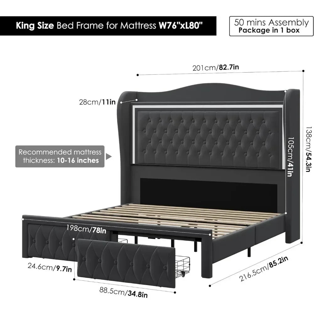 55 in Bed Frame, High Headboard LED Lights,Velvet Upholstery,2Storage Drawers, No Mattress Spring Required, Platform Bed Frame