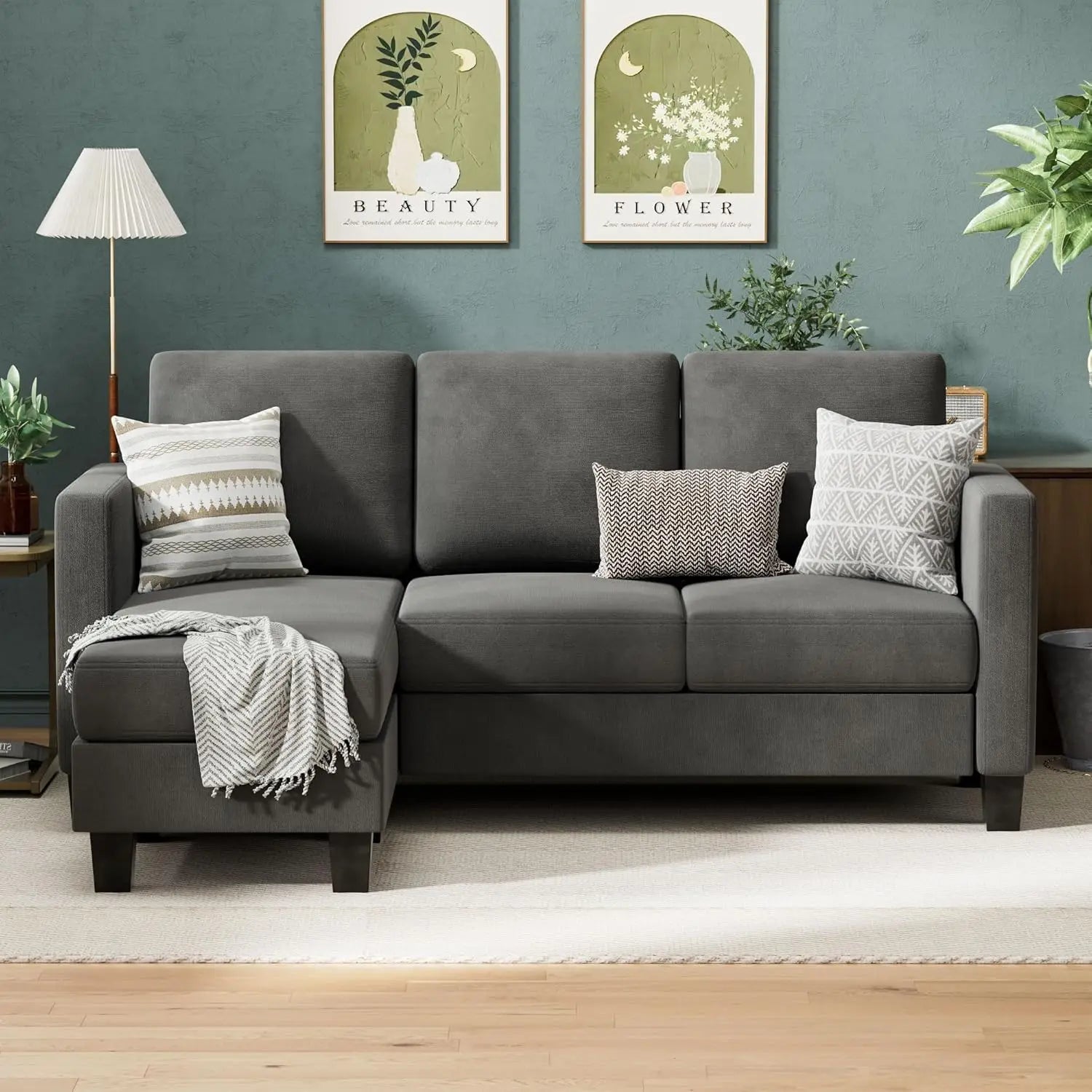 Convertible Sectional Sofa Couch 3 Seat L-Shaped Sofa with Linen Fabric Movable Ottoman Small Couch (Dark Gray)