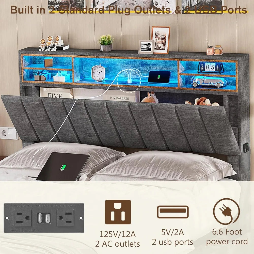 Queen Bed Frame with 4 Storage Drawers, LED Bed Frame with Charging Station and Adjustable Tall Bookcase Headboard