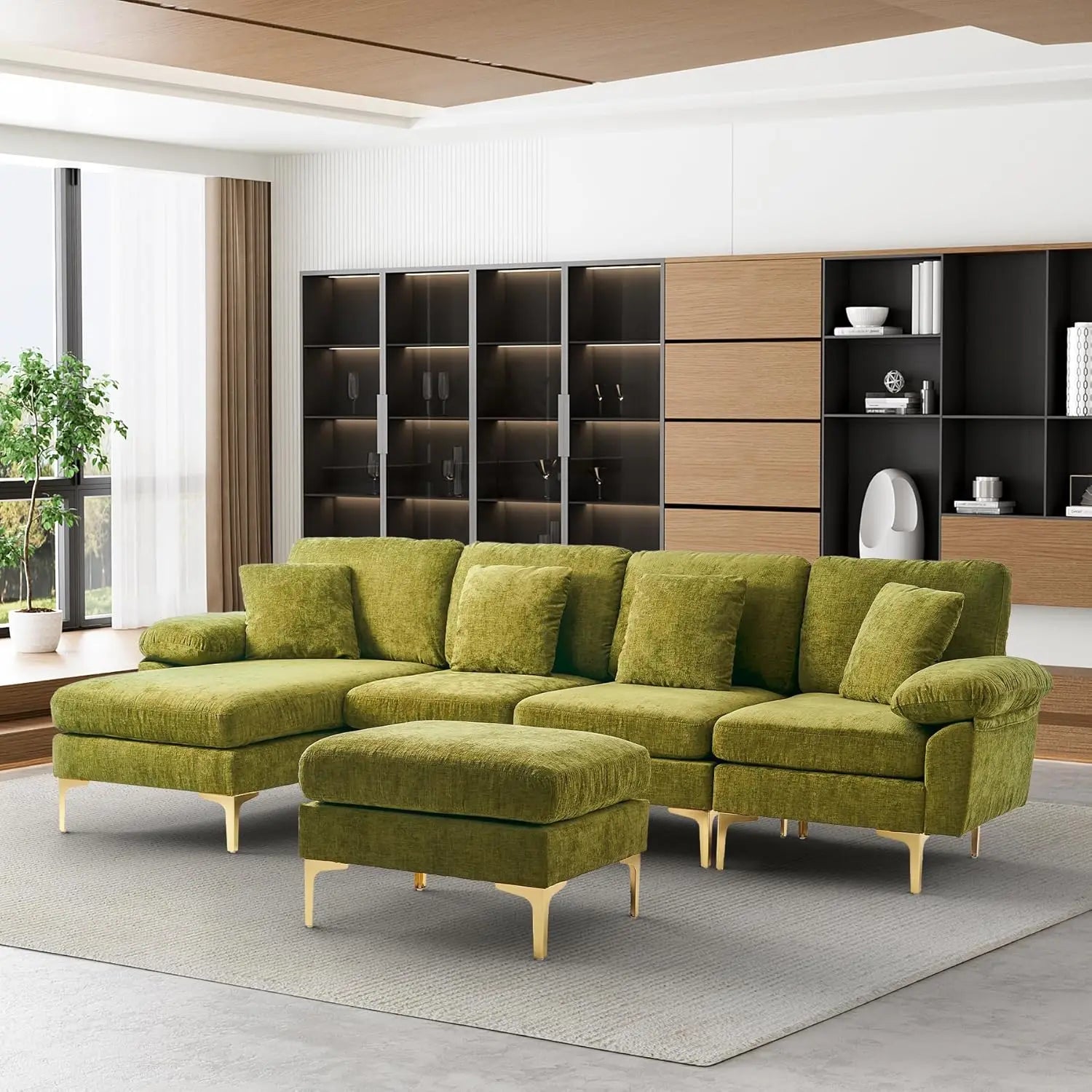 U-Shaped Sectional Sofa Couch, 4 Seat Sofa Set for Living Room, Convertible L-Shaped Velvet Couch Set with Chaise Lounge