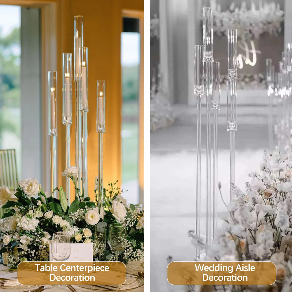 2Pcs 5 Arm Floor Candelabra,Acrylic Floor Candle Holder for Wedding Centerpiece Tall Clear Candle Holders for Ceremony Birthday