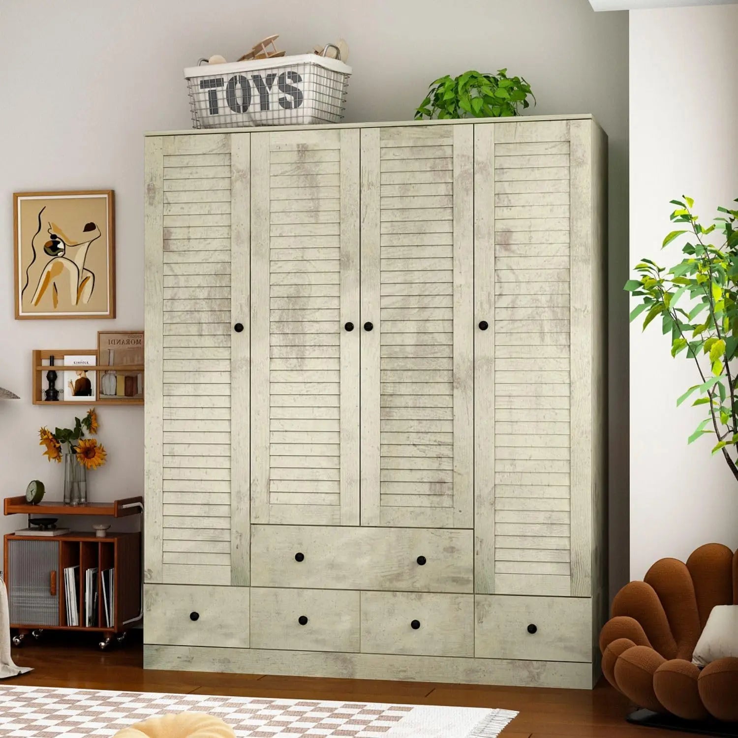 4 Shutter Door Wardrobe Armoire Closet with Shelves and Drawers, Armoire Wardrobe Closet with 2 Hanging Rods for Bedroom White