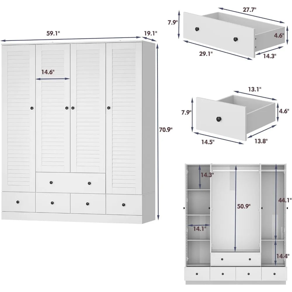 4 Shutter Door Wardrobe Armoire Closet with Shelves and Drawers, Armoire Wardrobe Closet with 2 Hanging Rods for Bedroom White