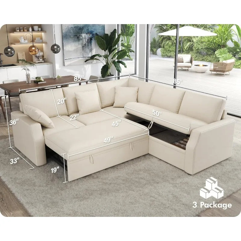 VanAcc Sofa Bed, 85 Inch Sleeper Couch with Storage Seat, L Shaped Sofa with Pull Out Sofa Bed, Sectional Couches