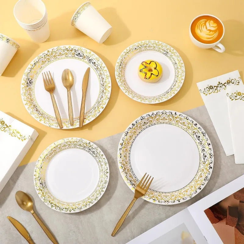 700 Pcs Disposable Dinnerware Set for 100 Guests Include 200 Paper Plates, 300 Plastic Silverware, 100 Paper Cups, 100 Napkins