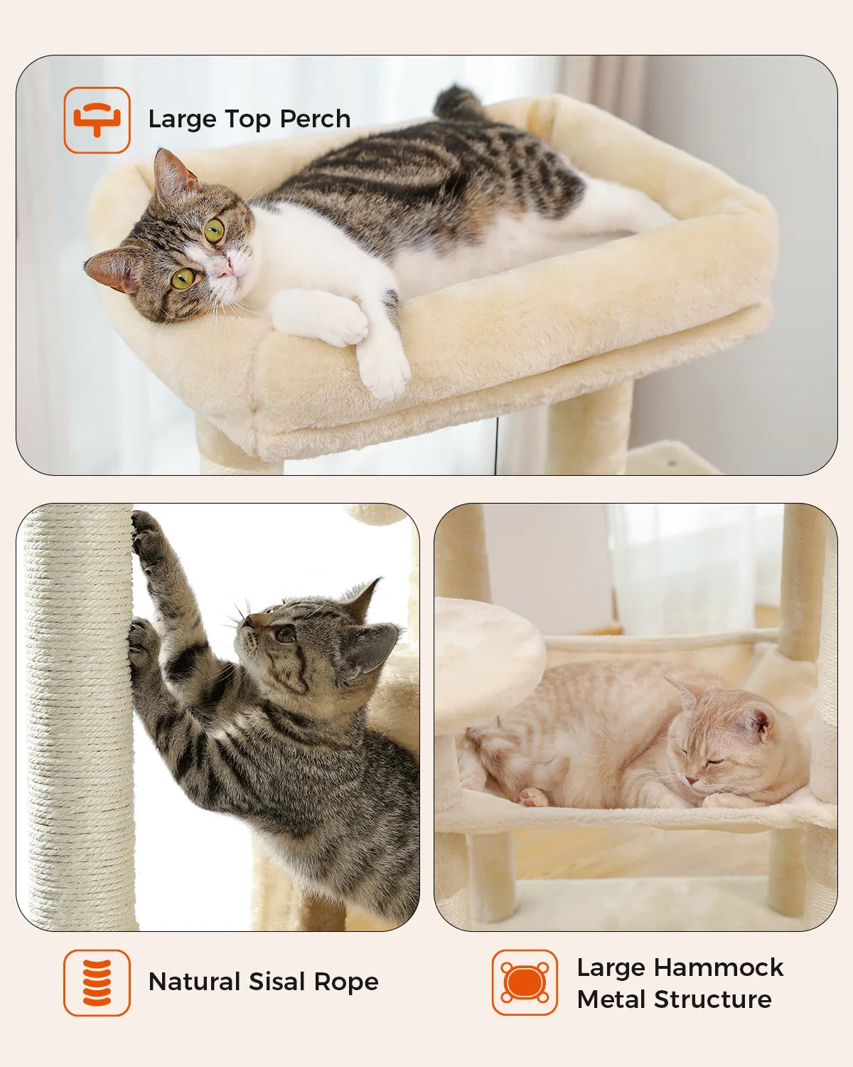 Cat Tree for Indoor Cats 5-Level Cat Tower for Large Cats with Large Hammock Sisal Covered Scratching Posts Cozy Condo Top Perch