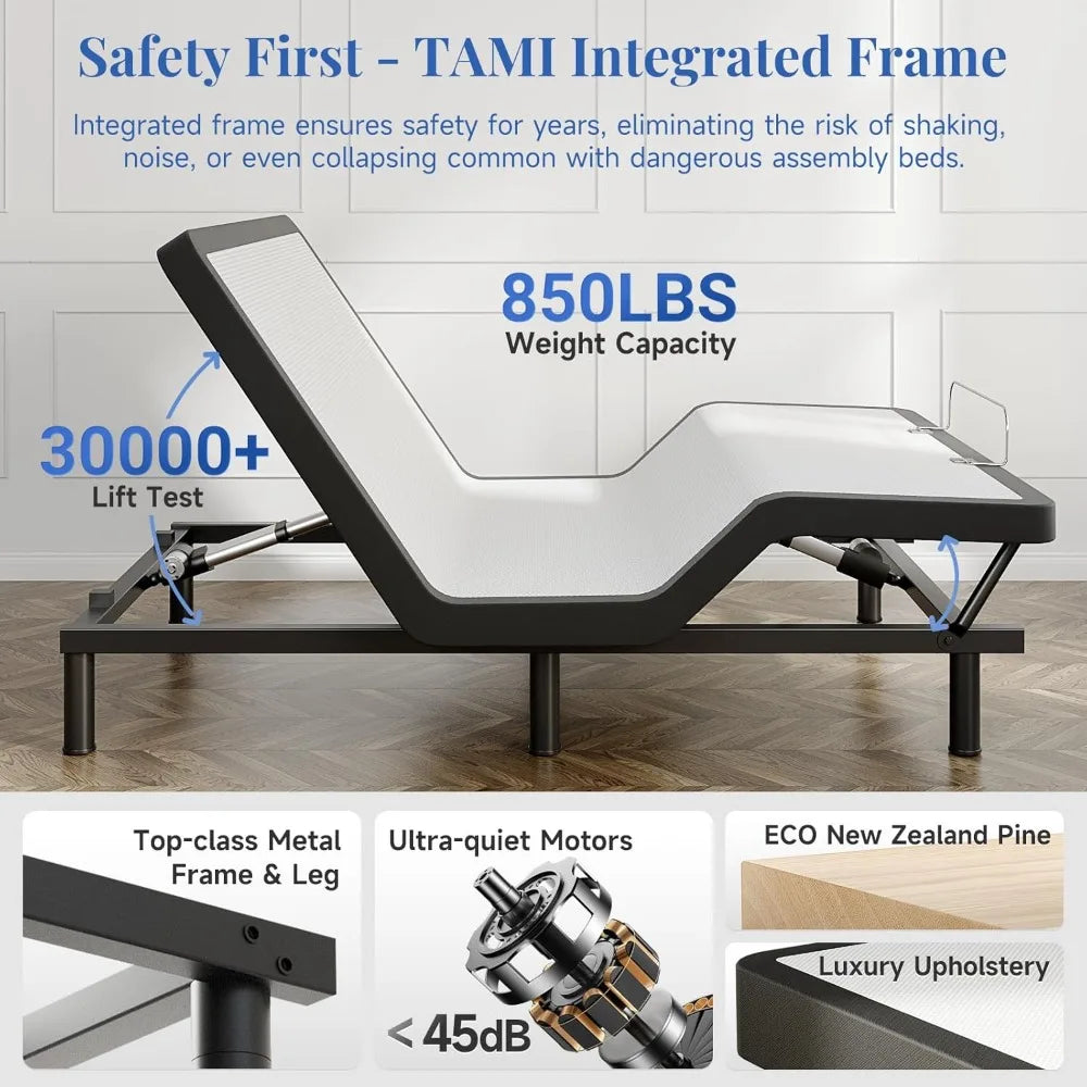 Queen Size Adjustable Bed Frame, Remote & Massage, Dual Side USB, Nightlight, Quiet Motor, Wireless Remote, Electric Bed Frame