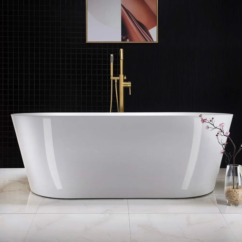 Acrylic Freestanding Bathtub Contemporary Soaking White Tub with Brushed Gold Overflow and Drain Easy to clean bathtub