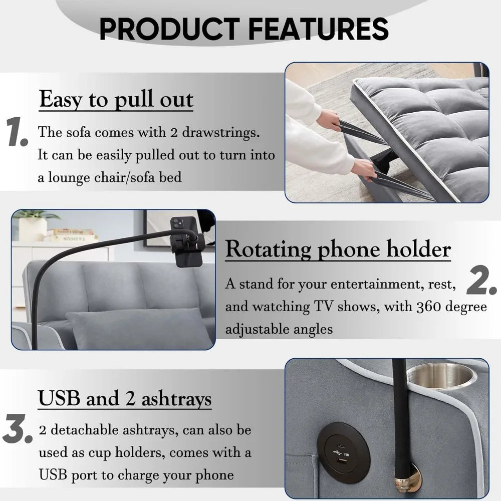 Sofa Bed, 3-in-1 Sofas Bed with USB Port and Ashtray and Rotating Cell Phone Holder and Storage Pouch, Sofa Sleeper